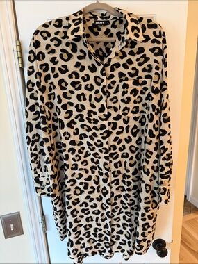 DKNY Beige and Black Leopard Print Long Sleeve Silk Shirt Dress L